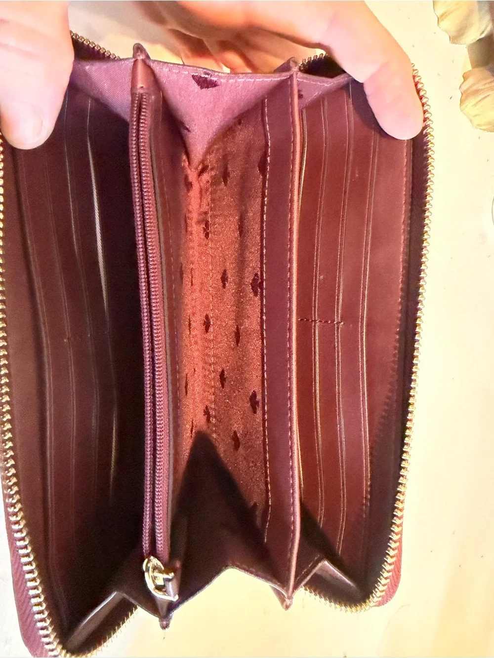 Kate Spade New York Glitter Zip Around Continental Wallet Burgundy Plum Gold